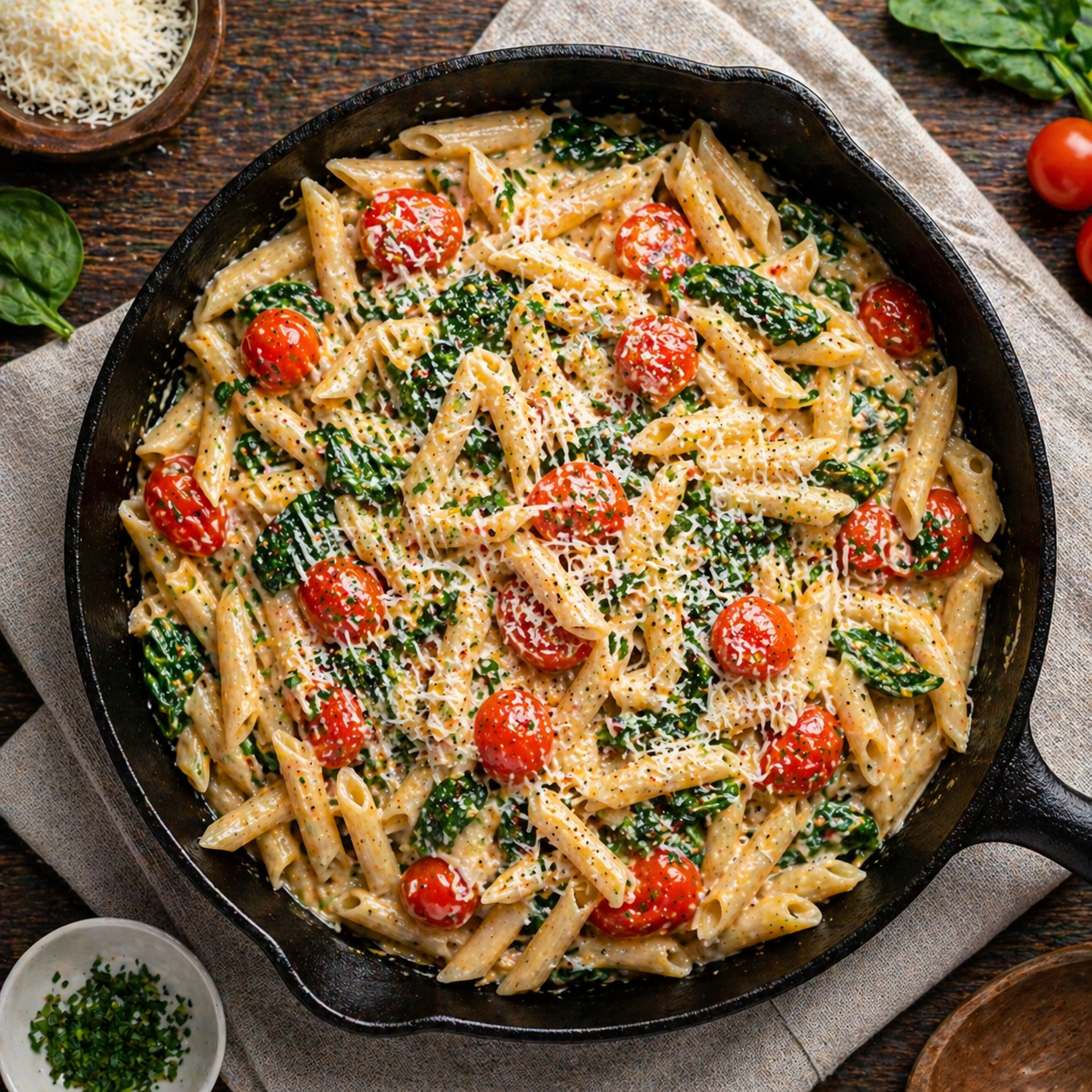 Schnelle Küche One-Pot Spinat & Tomaten Pasta