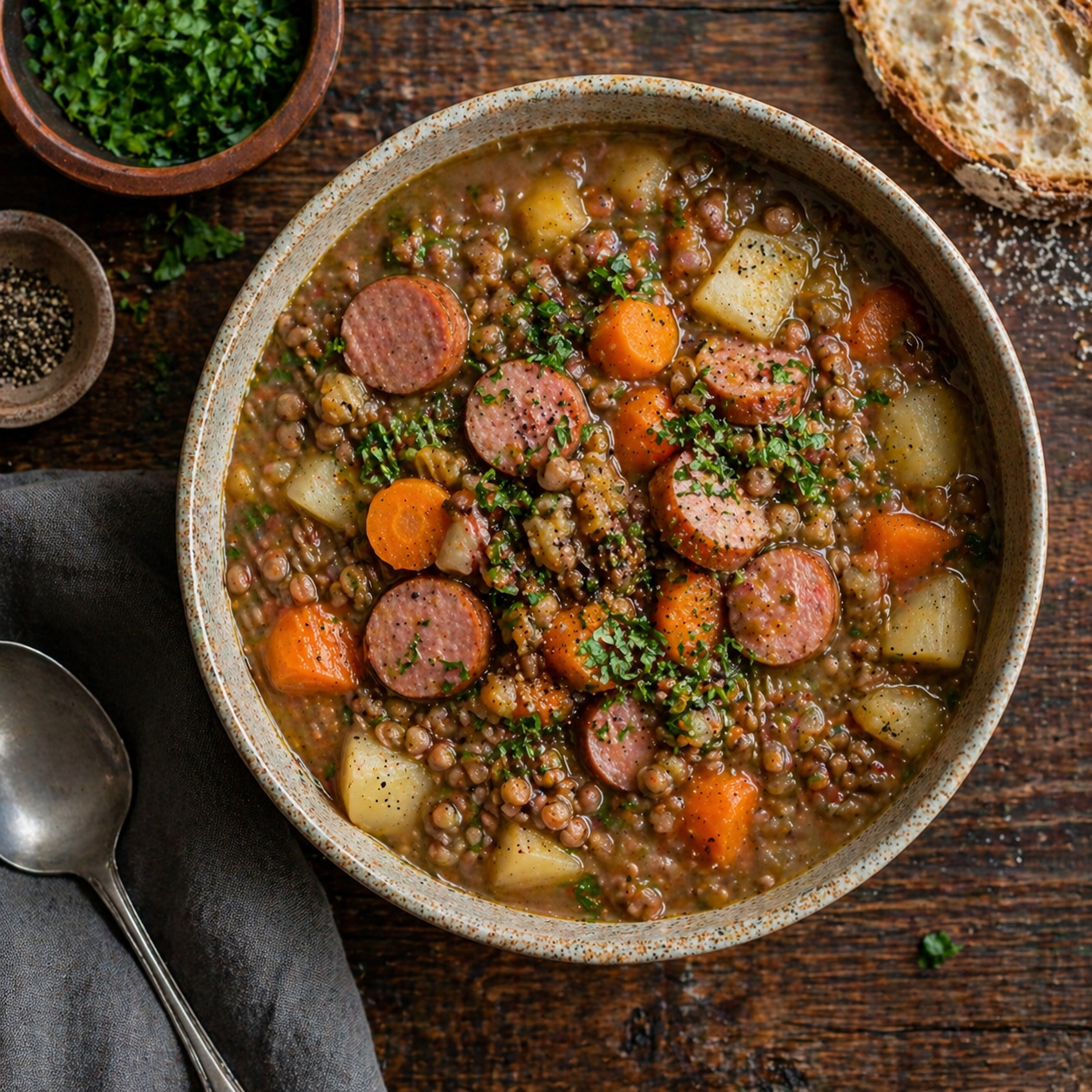 hearty German lentil stew (Linseneintopf) budget